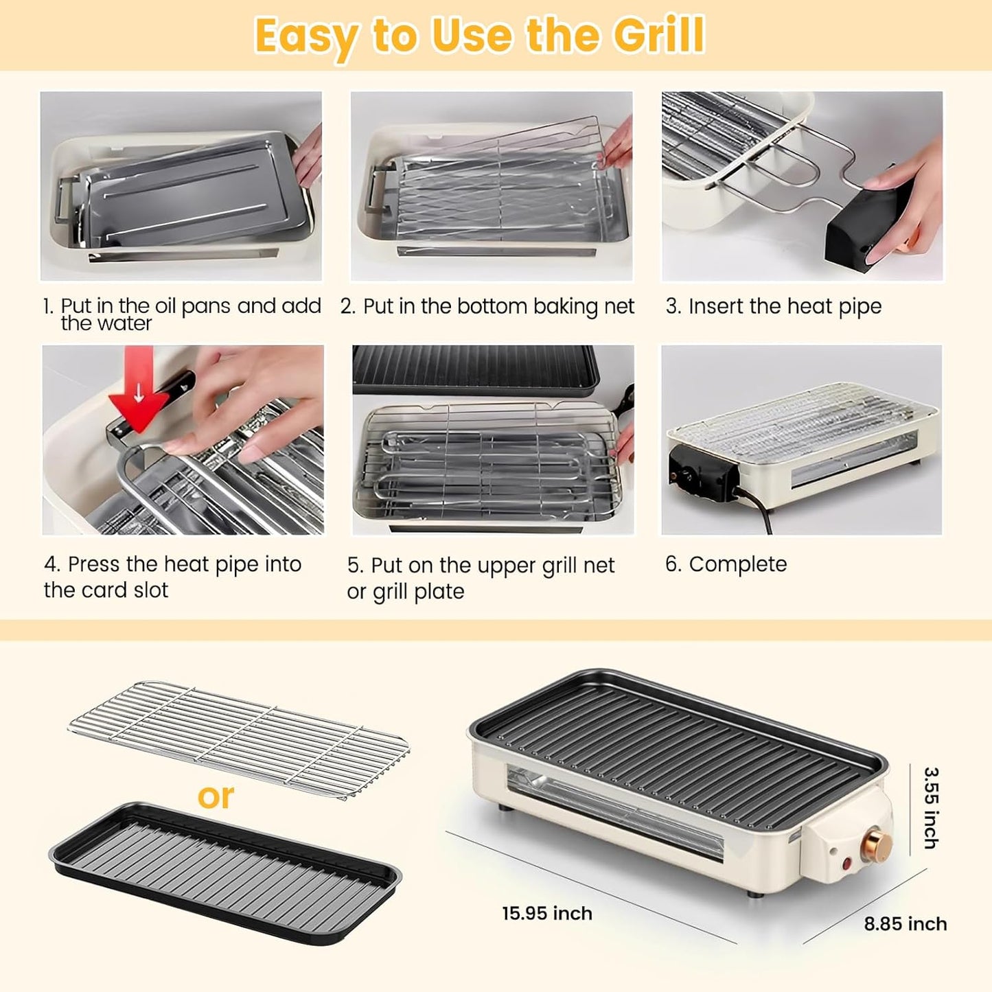 Electric Indoor Grill 1500W, 2 in 1 Smokeless Indoor Grills with Non-Stick Removable Grill & Griddle Plate, Temperature Control, Portable Korean BBQ Grill with 3 Raclette Cheese Pans