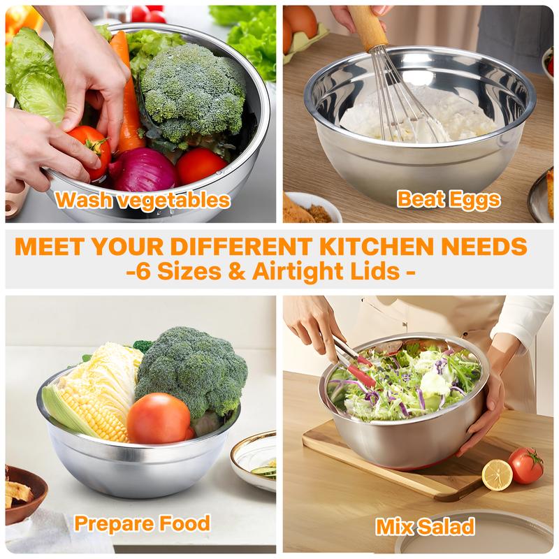 Mixing Bowl Set, 6 PCS Stainless Steel Mixing Bowls with 3 Grinder Attachments, Kitchen Food Organizer Nesting Mixing Bowls Tableware