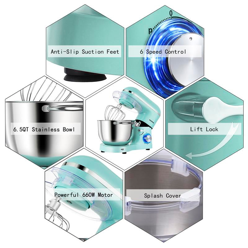 Aucma 6.5QT Stand Mixer with Upgraded Motor | 6-Speed Tilt-Head Electric Food Mixer with Stainless Steel Bowl Dough Hook Whisk & Beater for Baking & Mixing Kitchen Appliances