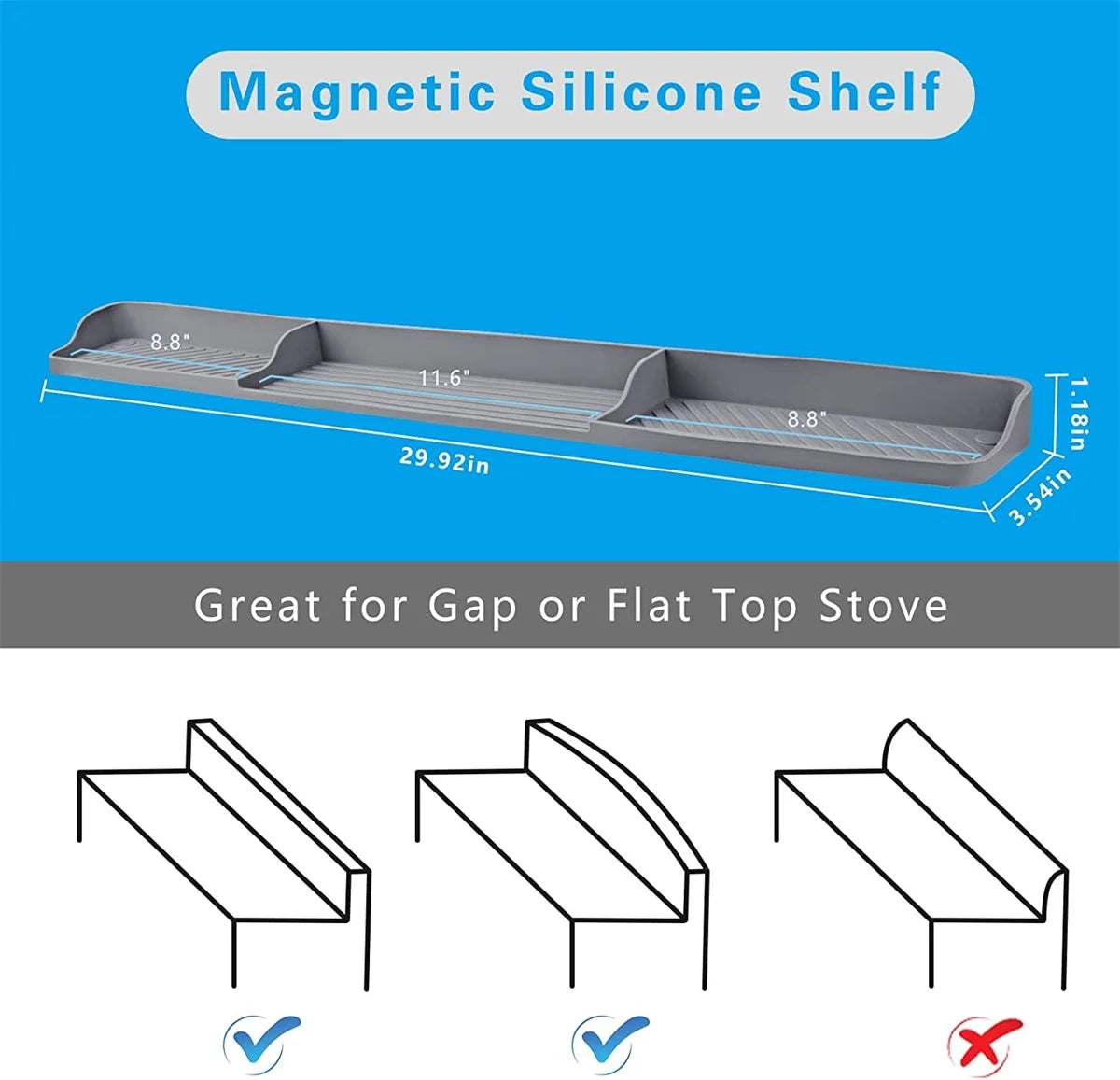 Casewin Silicone Magnetic Stove Top Shelf, 30" Length Spice Rack Organizer over the Stove, Heat Insulated Spice Shelf - Zero Installation, Baffles All Around, Non-Slip Kitchen Gadgets (Grey)