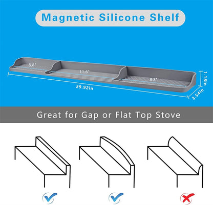 Casewin Silicone Magnetic Stove Top Shelf, 30" Length Spice Rack Organizer over the Stove, Heat Insulated Spice Shelf - Zero Installation, Baffles All Around, Non-Slip Kitchen Gadgets (Grey)