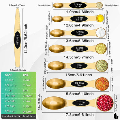 Magnetic Measuring Spoons Set Stainless Steel, Dual Sided for Liquid Dry Food, Measuring Cups Spoons Set Fits in Spice Jar, Kitchen Gadgets, Cooking Utensils Set, Including Leveler, Gold