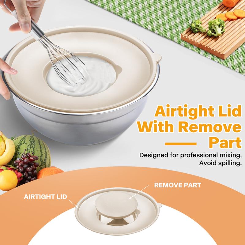 Mixing Bowl Set, 6 PCS Stainless Steel Mixing Bowls with 3 Grinder Attachments, Kitchen Food Organizer Nesting Mixing Bowls Tableware