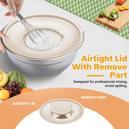 Mixing Bowl Set, 6 PCS Stainless Steel Mixing Bowls with 3 Grinder Attachments, Kitchen Food Organizer Nesting Mixing Bowls Tableware