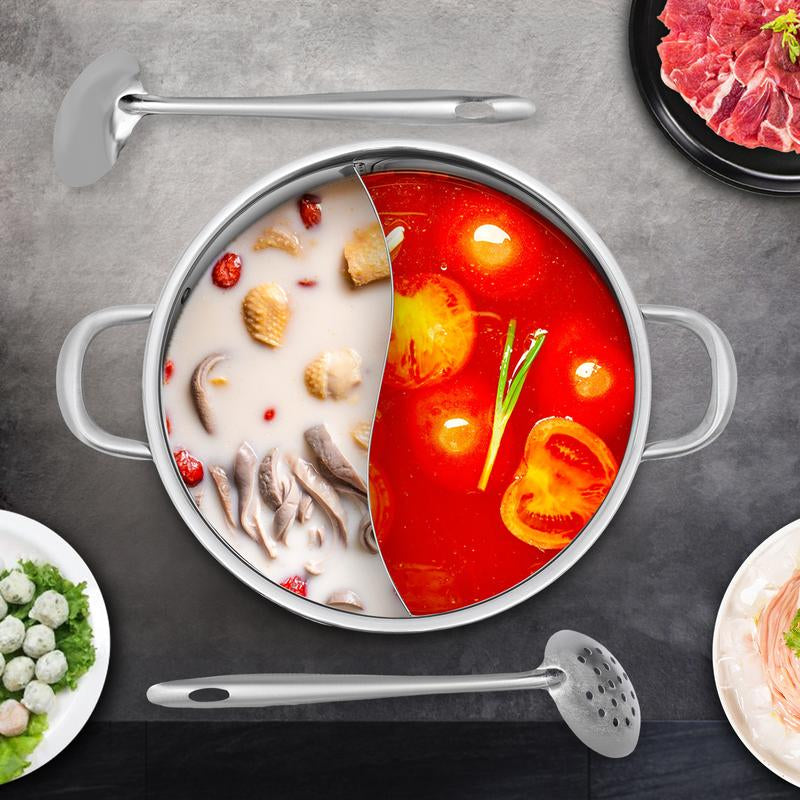 Stainless Steel Hot Pot with Divider, Pot with Glass Lid, Hot Pot with Spoon/ Leaky Spoon Kitchenware Vegetable