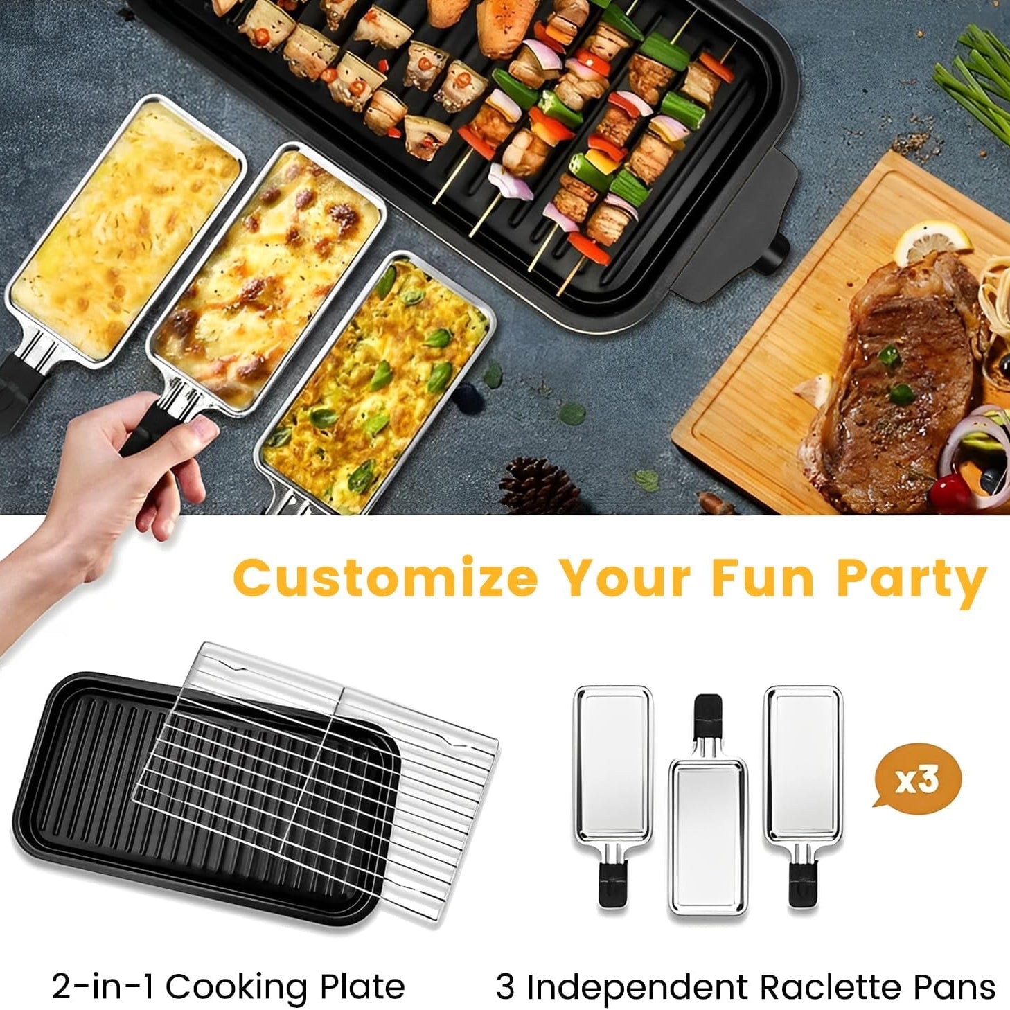 Electric Indoor Grill 1500W,  2 in 1 Smokeless Indoor Grills with Non-Stick Removable Grill & Griddle Plate, Temperature Control, Portable Korean BBQ Grill with 3 Raclette Cheese Pans