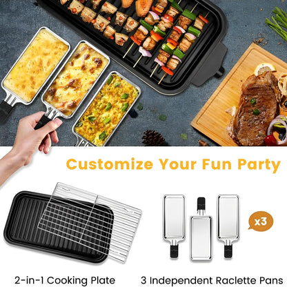 Electric Indoor Grill 1500W,  2 in 1 Smokeless Indoor Grills with Non-Stick Removable Grill & Griddle Plate, Temperature Control, Portable Korean BBQ Grill with 3 Raclette Cheese Pans
