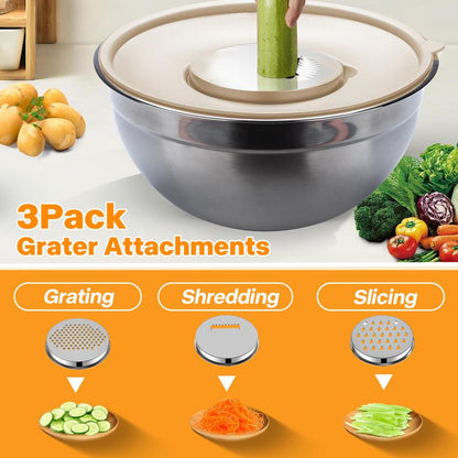 Mixing Bowl Set, 6 PCS Stainless Steel Mixing Bowls with 3 Grinder Attachments, Kitchen Food Organizer Nesting Mixing Bowls Tableware