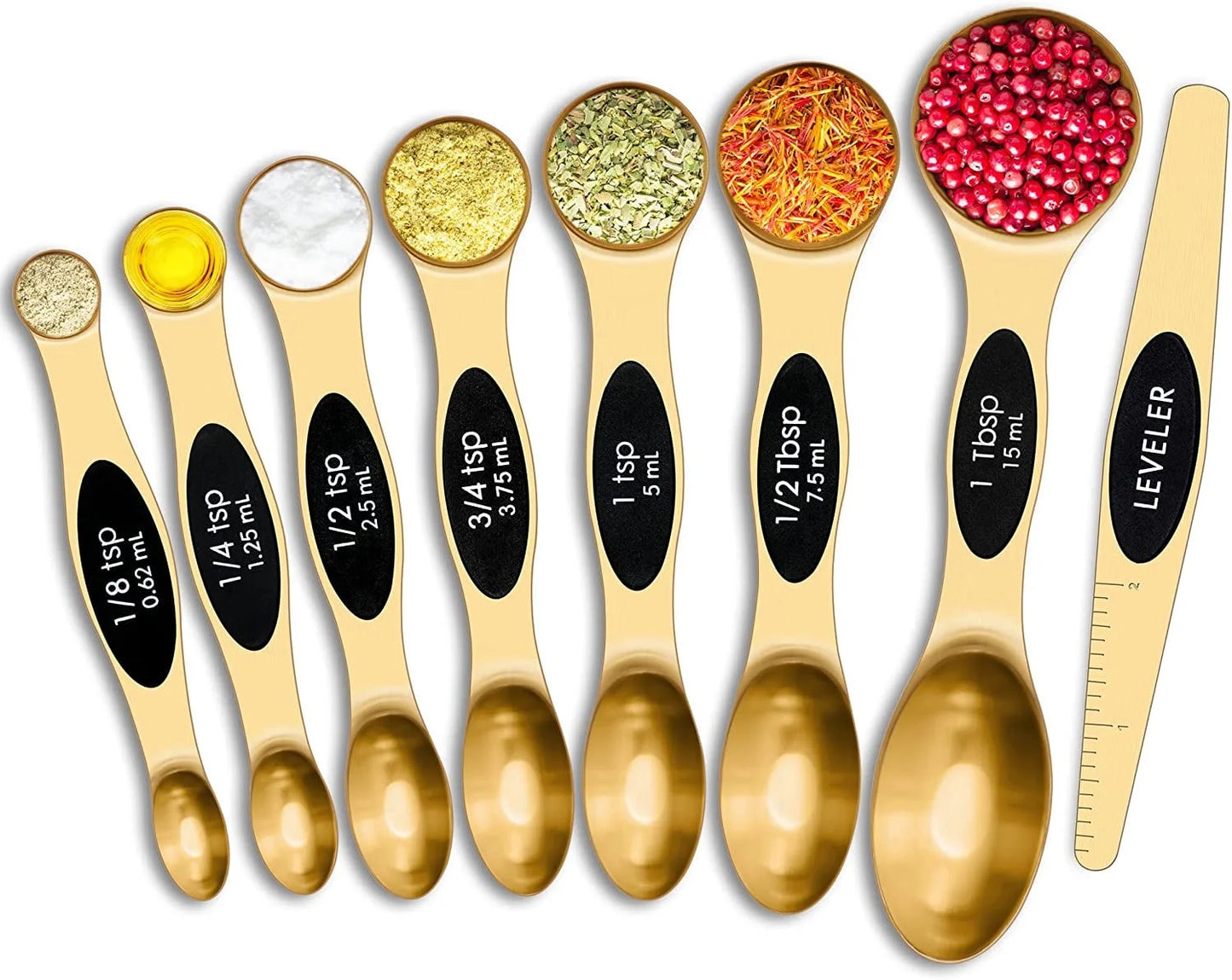 Magnetic Measuring Spoons Set Stainless Steel, Dual Sided for Liquid Dry Food, Measuring Cups Spoons Set Fits in Spice Jar, Kitchen Gadgets, Cooking Utensils Set, Including Leveler, Gold