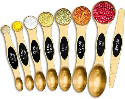 Magnetic Measuring Spoons Set Stainless Steel, Dual Sided for Liquid Dry Food, Measuring Cups Spoons Set Fits in Spice Jar, Kitchen Gadgets, Cooking Utensils Set, Including Leveler, Gold