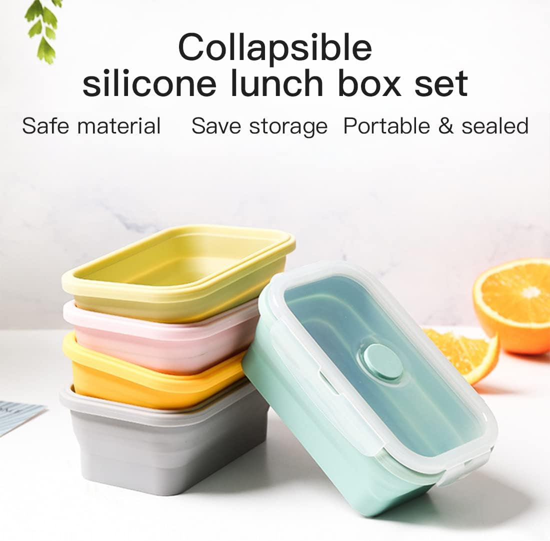 Collapsible Silicone Lunch Bento Box, Portable Food Storage Container Outdoor Picnic Box Space Saving, Microwave, Dishwasher and Freezer Safe, 3 Pcs Set (Grey)