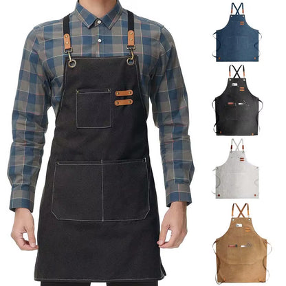Kitchen Household Cooking Canvas Apron Oil-Proof Waterproof Can Wipe Hands Men Women Adult with Tool Pockets Fashion Coffee Over