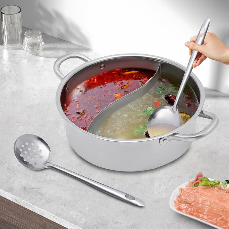 Stainless Steel Hot Pot with Divider, Pot with Glass Lid, Hot Pot with Spoon/ Leaky Spoon Kitchenware Vegetable