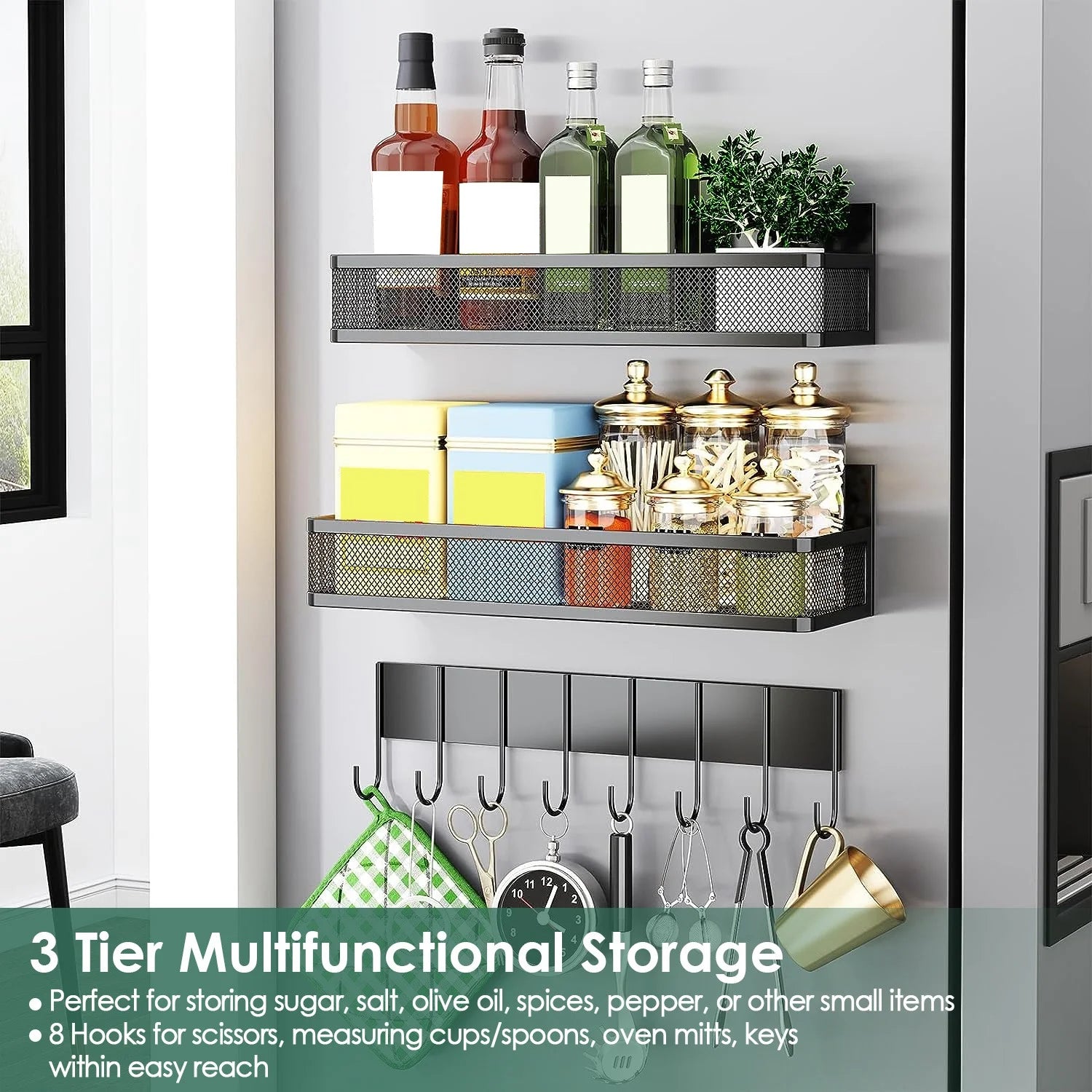 3 Pack Magnetic Shelf, Magnetic Spice Rack for Refrigerator, Fridge Organizer with 8-Hook Rack for Kitchen Organization and Storage, White