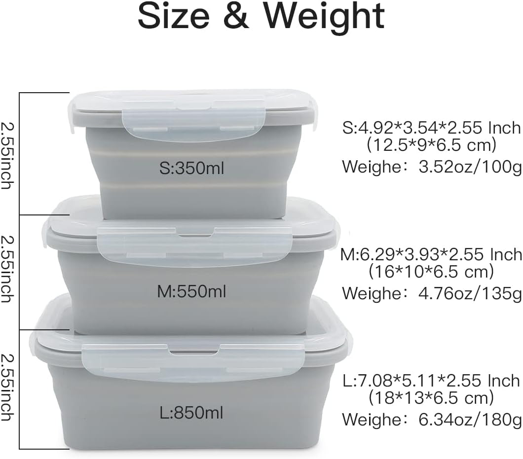 Collapsible Silicone Lunch Bento Box, Portable Food Storage Container Outdoor Picnic Box Space Saving, Microwave, Dishwasher and Freezer Safe, 3 Pcs Set (Grey)