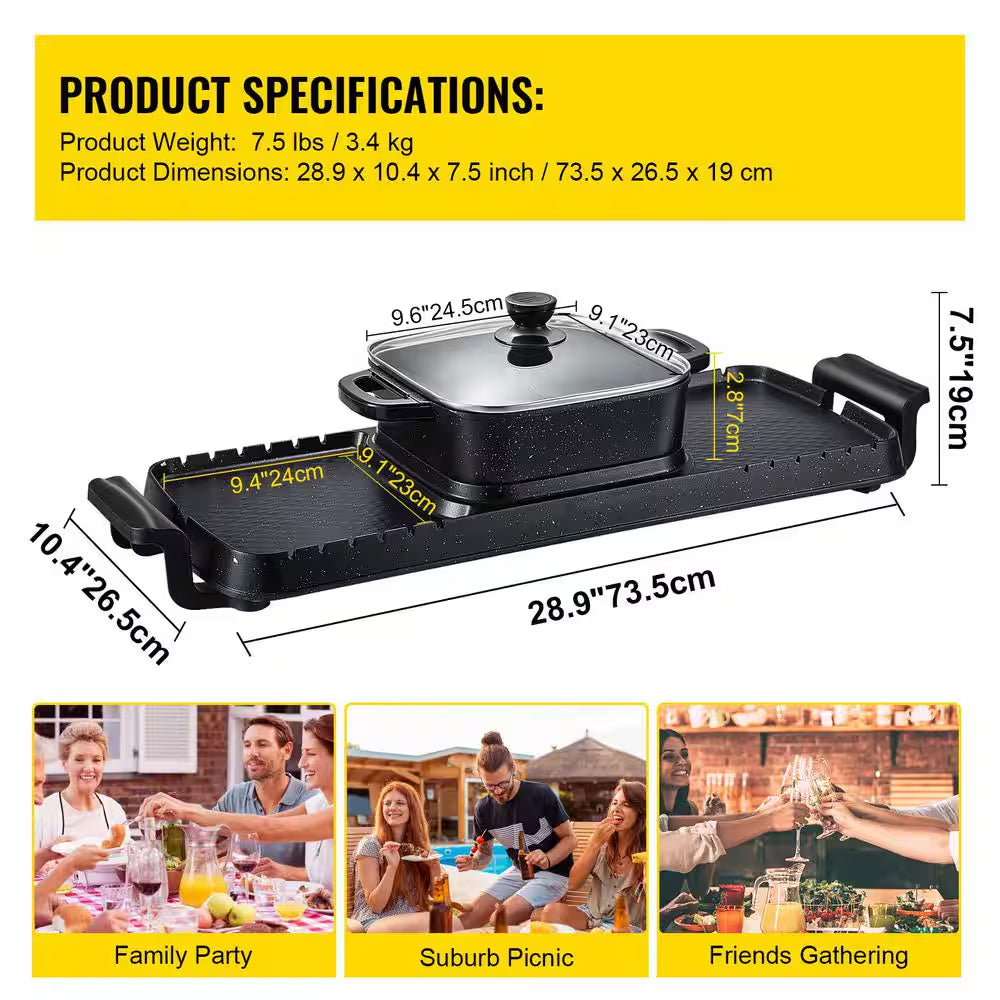 2-In-1 Electric Grill and Hot Pot, 2400 Watt BBQ Pan Grill and Hot Pot, Multi-Functional Teppanyaki Grill Pot, Smokeless
