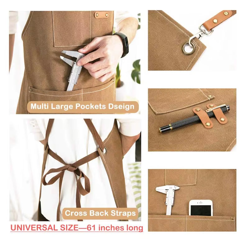 Kitchen Household Cooking Canvas Apron Oil-Proof Waterproof Can Wipe Hands Men Women Adult with Tool Pockets Fashion Coffee Over