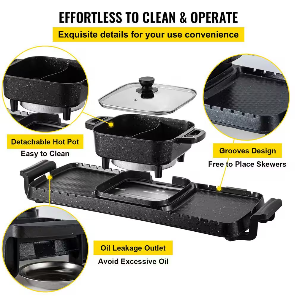 2-In-1 Electric Grill and Hot Pot, 2400 Watt BBQ Pan Grill and Hot Pot, Multi-Functional Teppanyaki Grill Pot, Smokeless