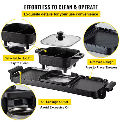 2-In-1 Electric Grill and Hot Pot, 2400 Watt BBQ Pan Grill and Hot Pot, Multi-Functional Teppanyaki Grill Pot, Smokeless