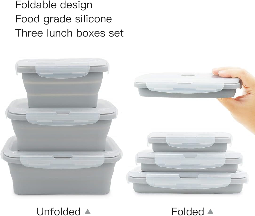 Collapsible Silicone Lunch Bento Box, Portable Food Storage Container Outdoor Picnic Box Space Saving, Microwave, Dishwasher and Freezer Safe, 3 Pcs Set (Grey)