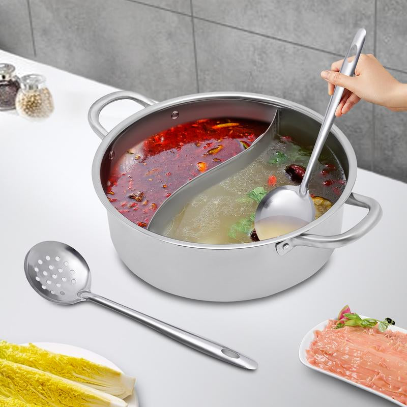 Stainless Steel Hot Pot with Divider, Pot with Glass Lid, Hot Pot with Spoon/ Leaky Spoon Kitchenware Vegetable