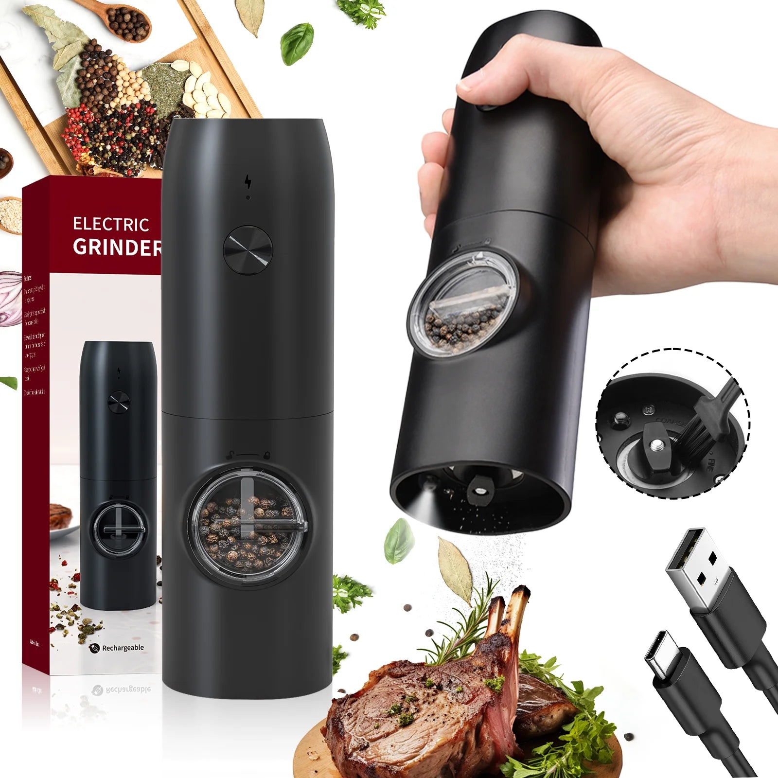 Electric Salt & Pepper Grinder, Automatic Spice Mill with Adjustable Coarseness,Black