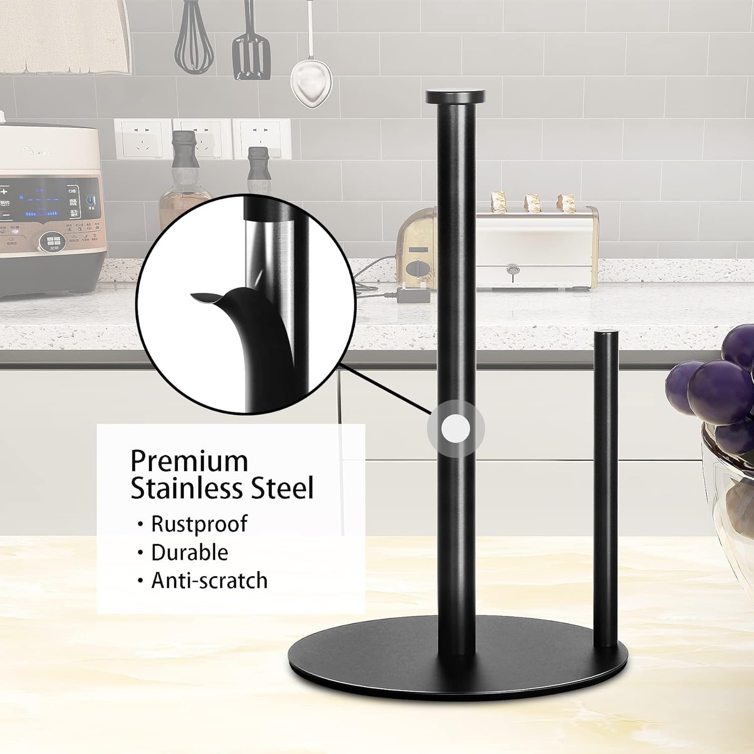 Paper Towel Holder Countertop, , Black Kitchen Paper Towel Holder Stand for Kitchen and Bathroom Organization, Stainless Steel Paper Towel Holders for Standard and Large Rolls (Matte Black)
