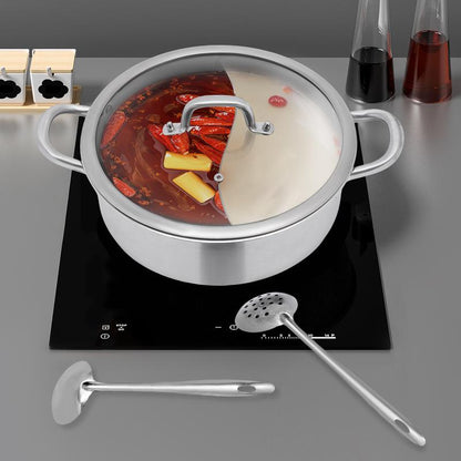 Stainless Steel Hot Pot with Divider, Pot with Glass Lid, Hot Pot with Spoon/ Leaky Spoon Kitchenware Vegetable