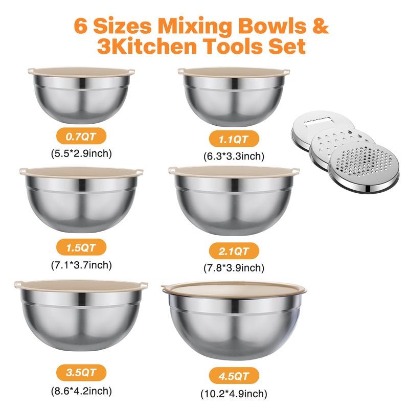 Mixing Bowl Set, 6 PCS Stainless Steel Mixing Bowls with 3 Grinder Attachments, Kitchen Food Organizer Nesting Mixing Bowls Tableware