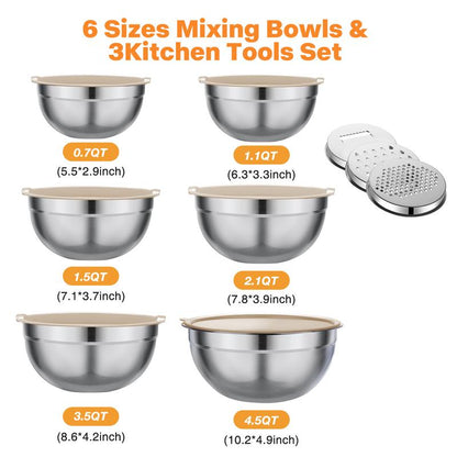 Mixing Bowl Set, 6 PCS Stainless Steel Mixing Bowls with 3 Grinder Attachments, Kitchen Food Organizer Nesting Mixing Bowls Tableware