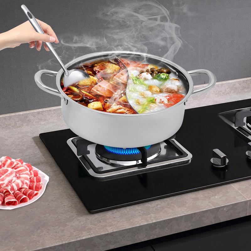 Stainless Steel Hot Pot with Divider, Pot with Glass Lid, Hot Pot with Spoon/ Leaky Spoon Kitchenware Vegetable