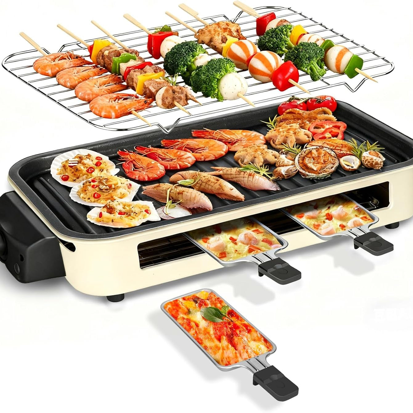 Electric Indoor Grill 1500W,  2 in 1 Smokeless Indoor Grills with Non-Stick Removable Grill & Griddle Plate, Temperature Control, Portable Korean BBQ Grill with 3 Raclette Cheese Pans