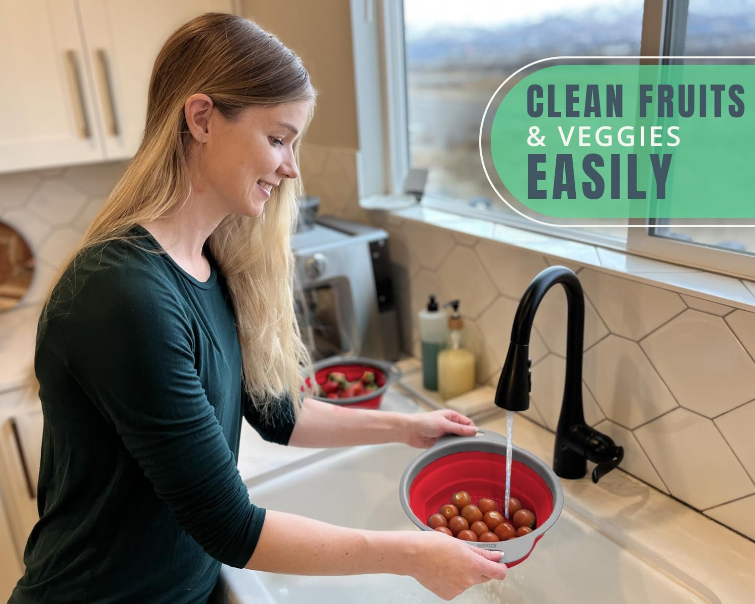 Ultimate Kitchen Strainers Set of 2 - Collapsible Silicone Colanders for Easy Storage by  - Use with Pasta & Veggies or as a Fruit or Berry Bowl with Strainer - Irreplaceable for Campers - Red