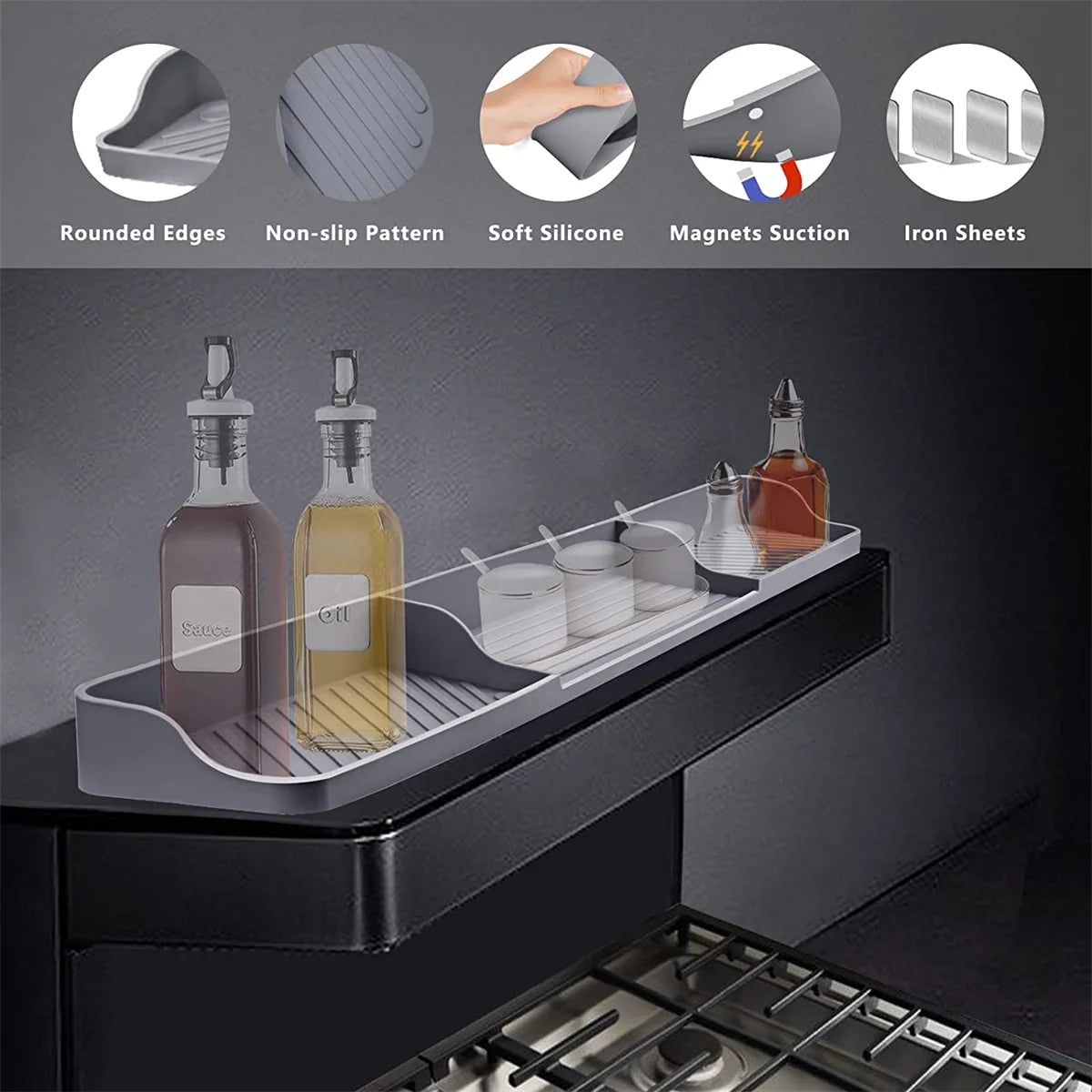 Casewin Silicone Magnetic Stove Top Shelf, 30" Length Spice Rack Organizer over the Stove, Heat Insulated Spice Shelf - Zero Installation, Baffles All Around, Non-Slip Kitchen Gadgets (Grey)