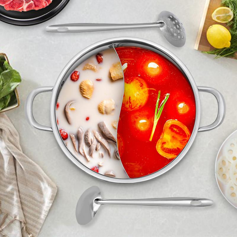 Stainless Steel Hot Pot with Divider, Pot with Glass Lid, Hot Pot with Spoon/ Leaky Spoon Kitchenware Vegetable