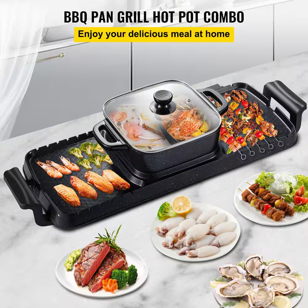 2-In-1 Electric Grill and Hot Pot, 2400 Watt BBQ Pan Grill and Hot Pot, Multi-Functional Teppanyaki Grill Pot, Smokeless
