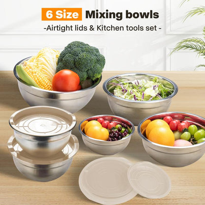 Mixing Bowl Set, 6 PCS Stainless Steel Mixing Bowls with 3 Grinder Attachments, Kitchen Food Organizer Nesting Mixing Bowls Tableware