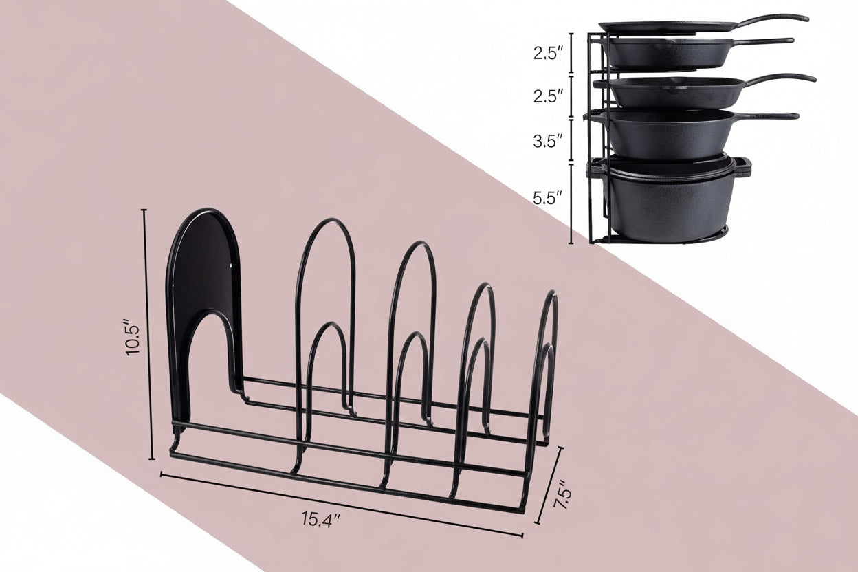Heavy Duty Pots and Pans Organizer - Extra Large 5-Tier Rack - Holds Cast Iron Skillets, Dutch Oven - Durable Construction - Space Saving Kitchen Storage - No Assembly Required - Black 15.4"