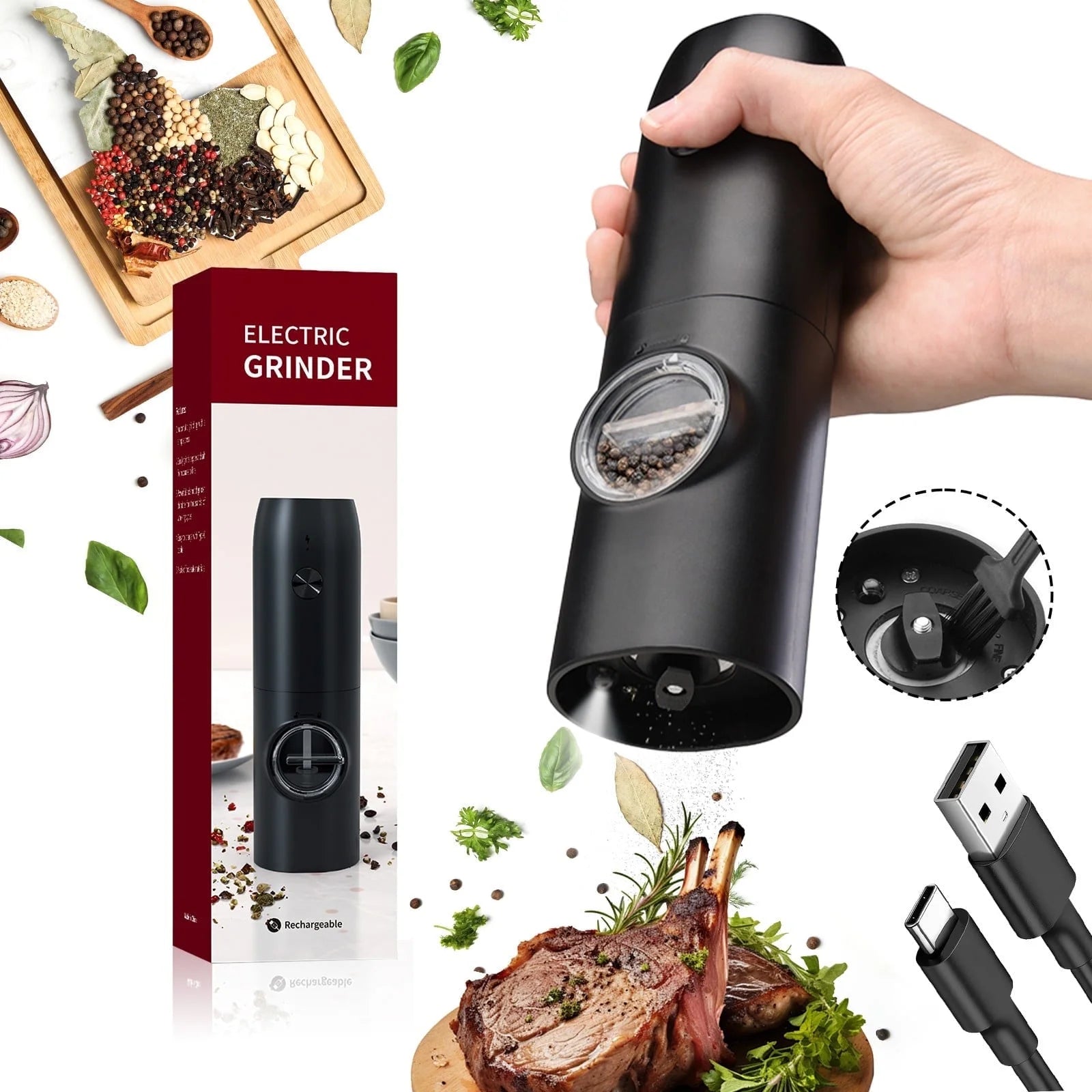 Electric Salt & Pepper Grinder, Automatic Spice Mill with Adjustable Coarseness,Black