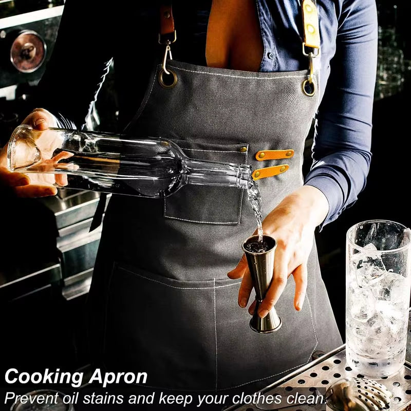 Kitchen Household Cooking Canvas Apron Oil-Proof Waterproof Can Wipe Hands Men Women Adult with Tool Pockets Fashion Coffee Over