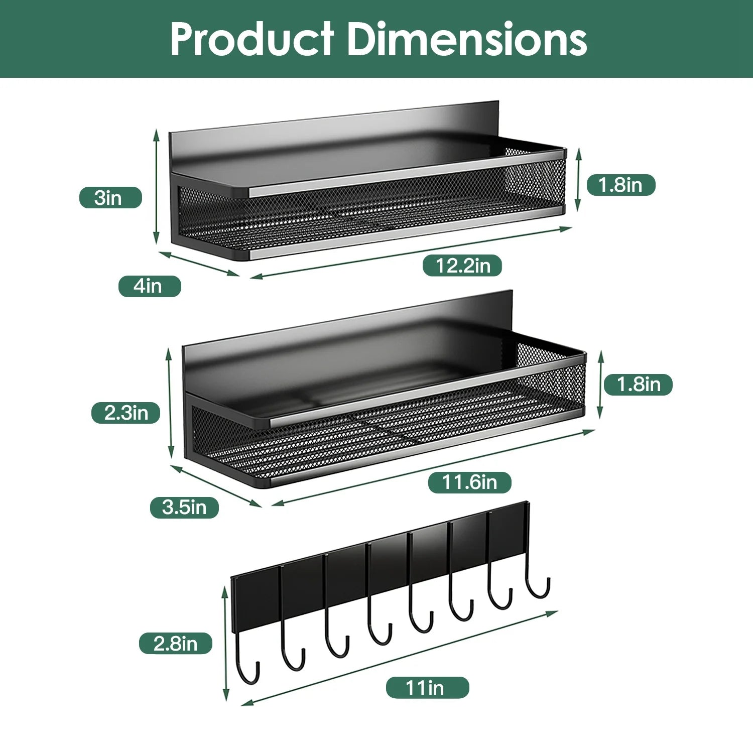 3 Pack Magnetic Shelf, Magnetic Spice Rack for Refrigerator, Fridge Organizer with 8-Hook Rack for Kitchen Organization and Storage, White