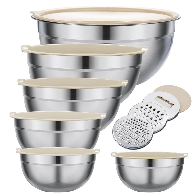 Mixing Bowl Set, 6 PCS Stainless Steel Mixing Bowls with 3 Grinder Attachments, Kitchen Food Organizer Nesting Mixing Bowls Tableware