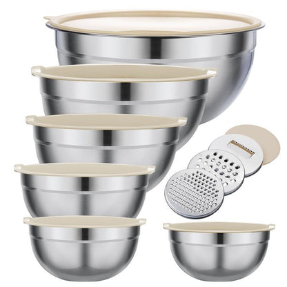 Mixing Bowl Set, 6 PCS Stainless Steel Mixing Bowls with 3 Grinder Attachments, Kitchen Food Organizer Nesting Mixing Bowls Tableware