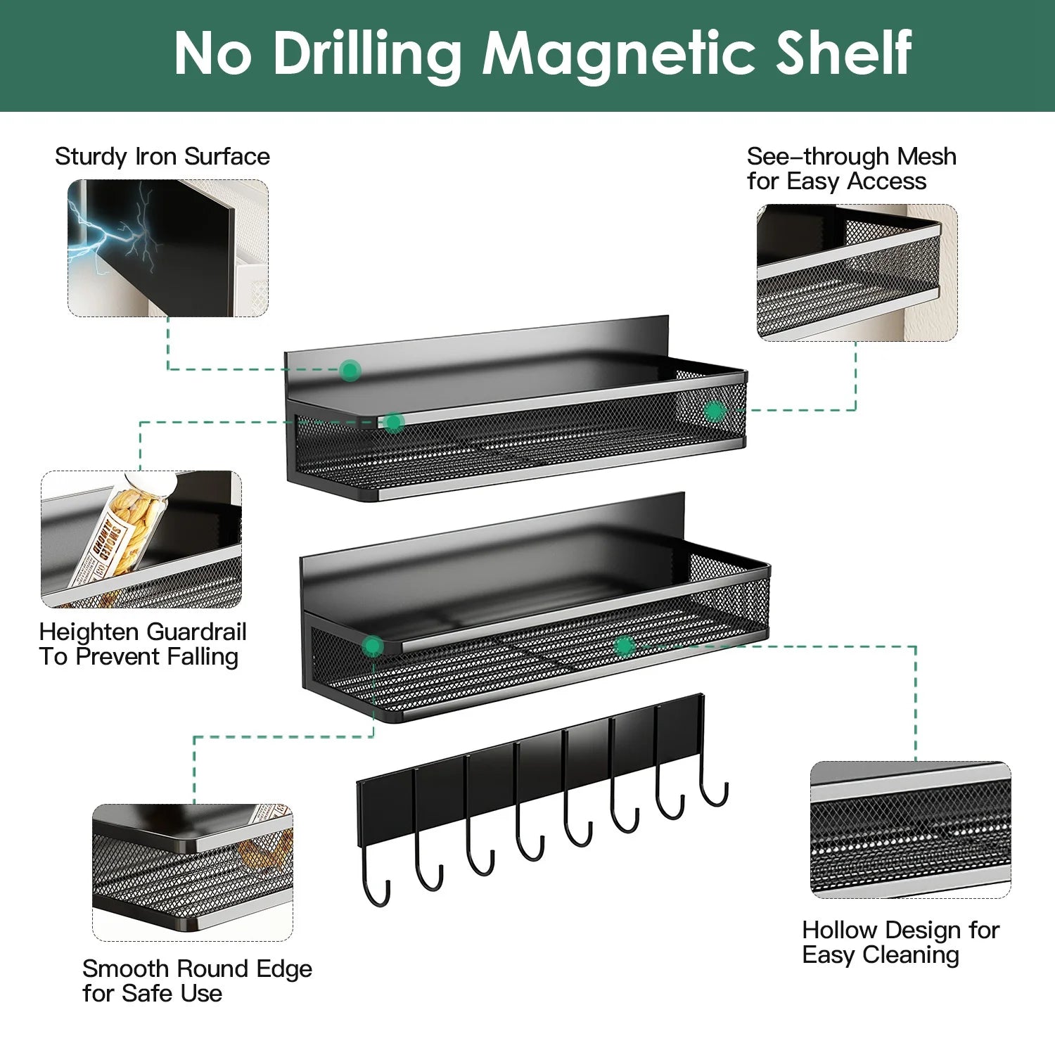 3 Pack Magnetic Shelf, Magnetic Spice Rack for Refrigerator, Fridge Organizer with 8-Hook Rack for Kitchen Organization and Storage, White