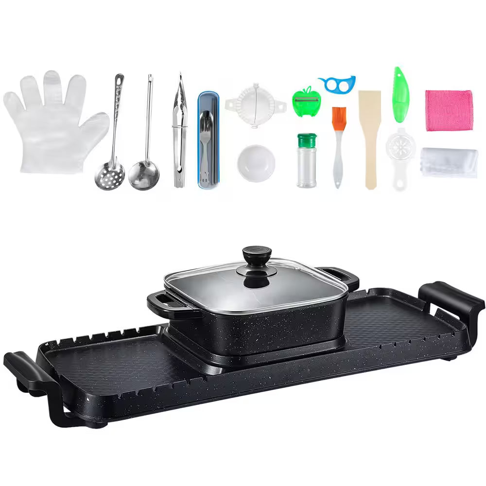 2-In-1 Electric Grill and Hot Pot, 2400 Watt BBQ Pan Grill and Hot Pot, Multi-Functional Teppanyaki Grill Pot, Smokeless