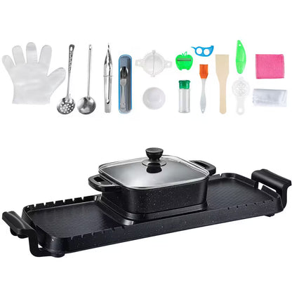 2-In-1 Electric Grill and Hot Pot, 2400 Watt BBQ Pan Grill and Hot Pot, Multi-Functional Teppanyaki Grill Pot, Smokeless