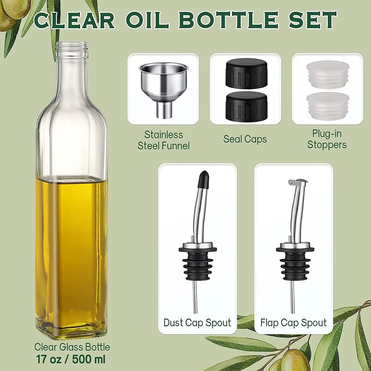Olive Oil Dispenser Set 500Ml Vinegar Cruet Carafe Decanter Measure Glass Cooking Container Oil Dispenser Bottle with Pourer