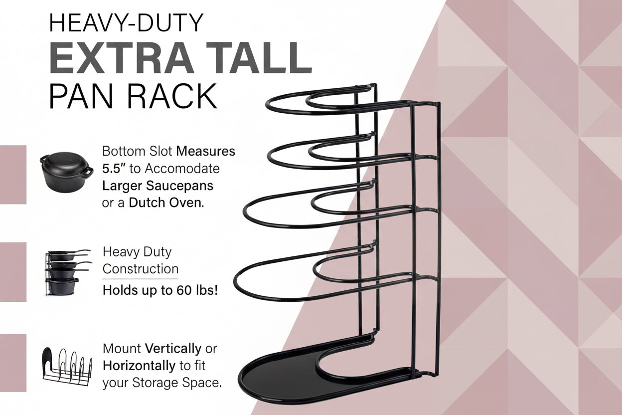 Heavy Duty Pots and Pans Organizer - Extra Large 5-Tier Rack - Holds Cast Iron Skillets, Dutch Oven - Durable Construction - Space Saving Kitchen Storage - No Assembly Required - Black 15.4"