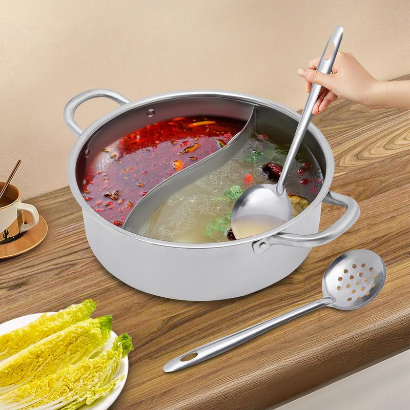 Stainless Steel Hot Pot with Divider, Pot with Glass Lid, Hot Pot with Spoon/ Leaky Spoon Kitchenware Vegetable