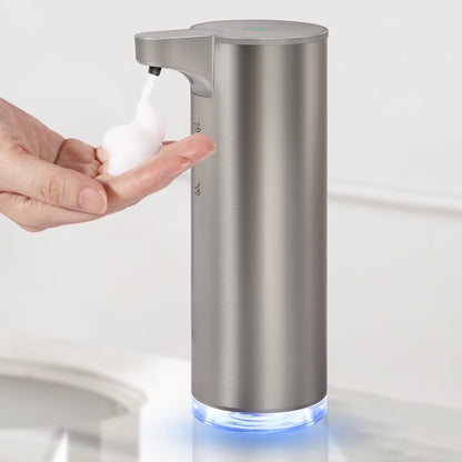 Soap Dispenser, Rechargeable Automatic Soap Dispenser Stainless Steel Touchless Foaming Soap Dispenser for Bathroom Auto Hand Soap Dispenser for Kitchen, Silver, Xmas Gift,9Oz